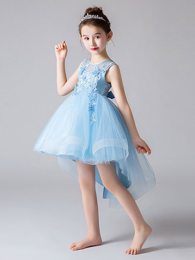 Jewel Neck Tulle Sleeveless Princess High Low Short Embroidered Kids Social Party Dresses-showprettydress