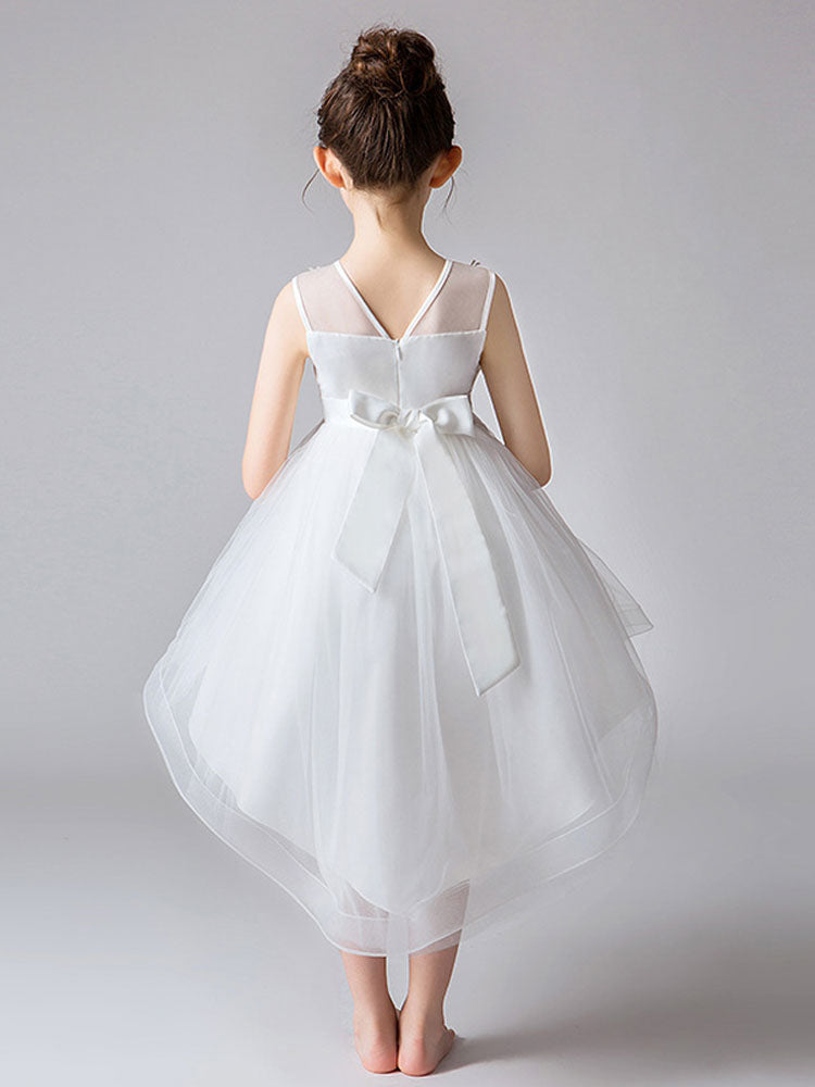 Jewel Neck Tulle Sleeveless Princess High Low Short Embroidered Kids Social Party Dresses-showprettydress