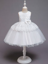 Jewel Neck Tulle Sleeveless Short Princess Bows Formal Kids Pageant flower girl dresses-showprettydress
