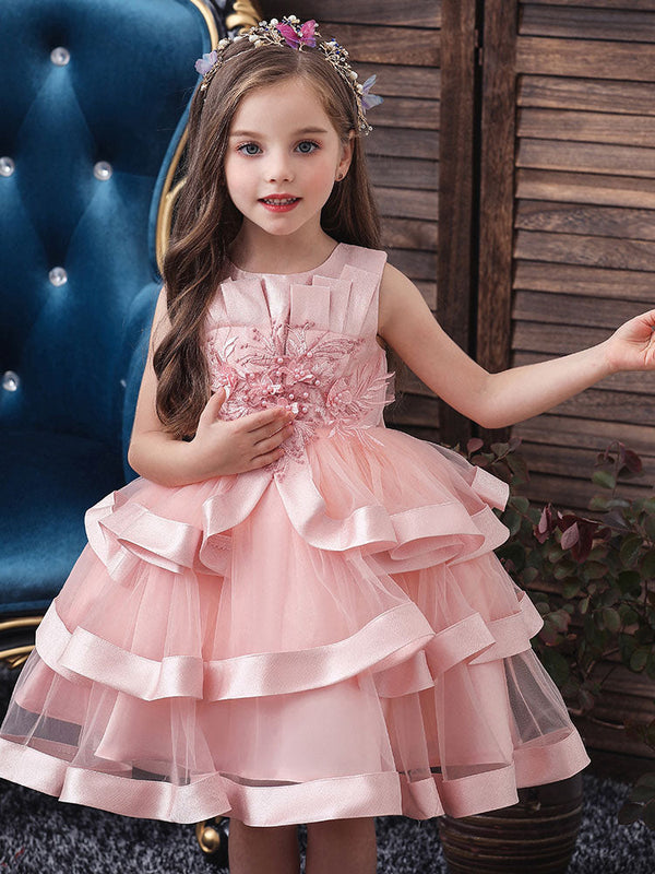 Jewel Neck Tulle Sleeveless Short Princess Flowers Formal Kids Pageant flower girl dresses-showprettydress