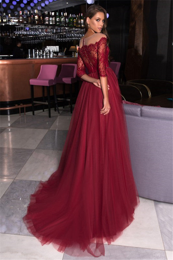 Lace A-line Bateau Evening Gowns Burgundy Party Dresses-showprettydress