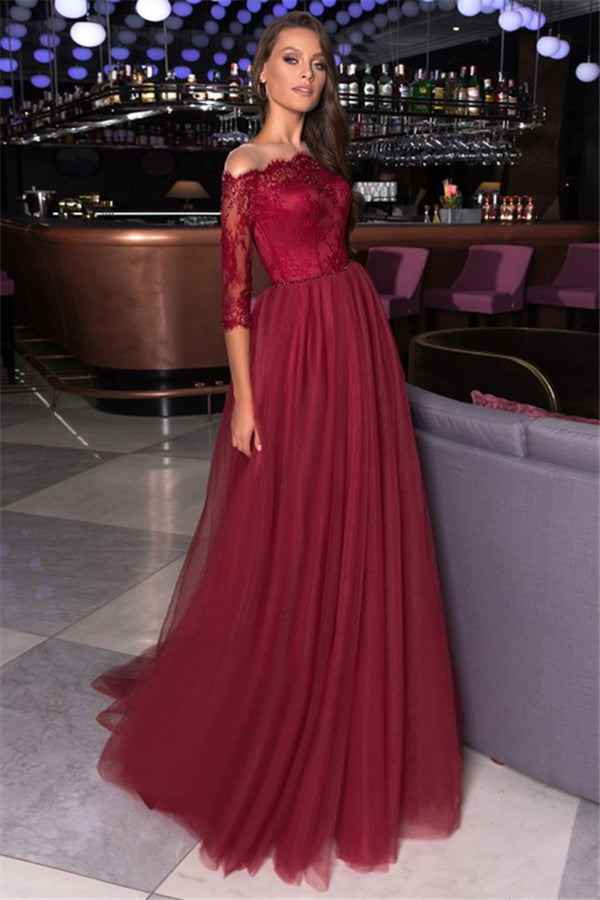 Lace A-line Bateau Evening Gowns Burgundy Party Dresses-showprettydress