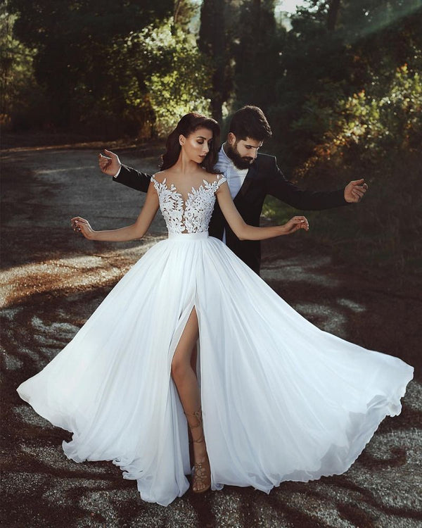 Lace Appliques Chiffon Wedding Dresses Modern Front Slit sheer Bride Dress-showprettydress