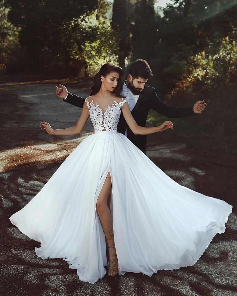 Lace Appliques Chiffon Wedding Dresses Modern Front Slit sheer Bride Dress-showprettydress