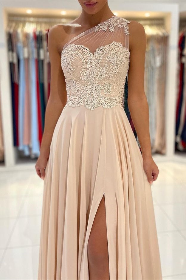 Lace Appliques Sleeveless One-Shoulder Prom Dress-showprettydress