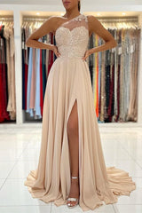 Lace Appliques Sleeveless One-Shoulder Prom Dress-showprettydress