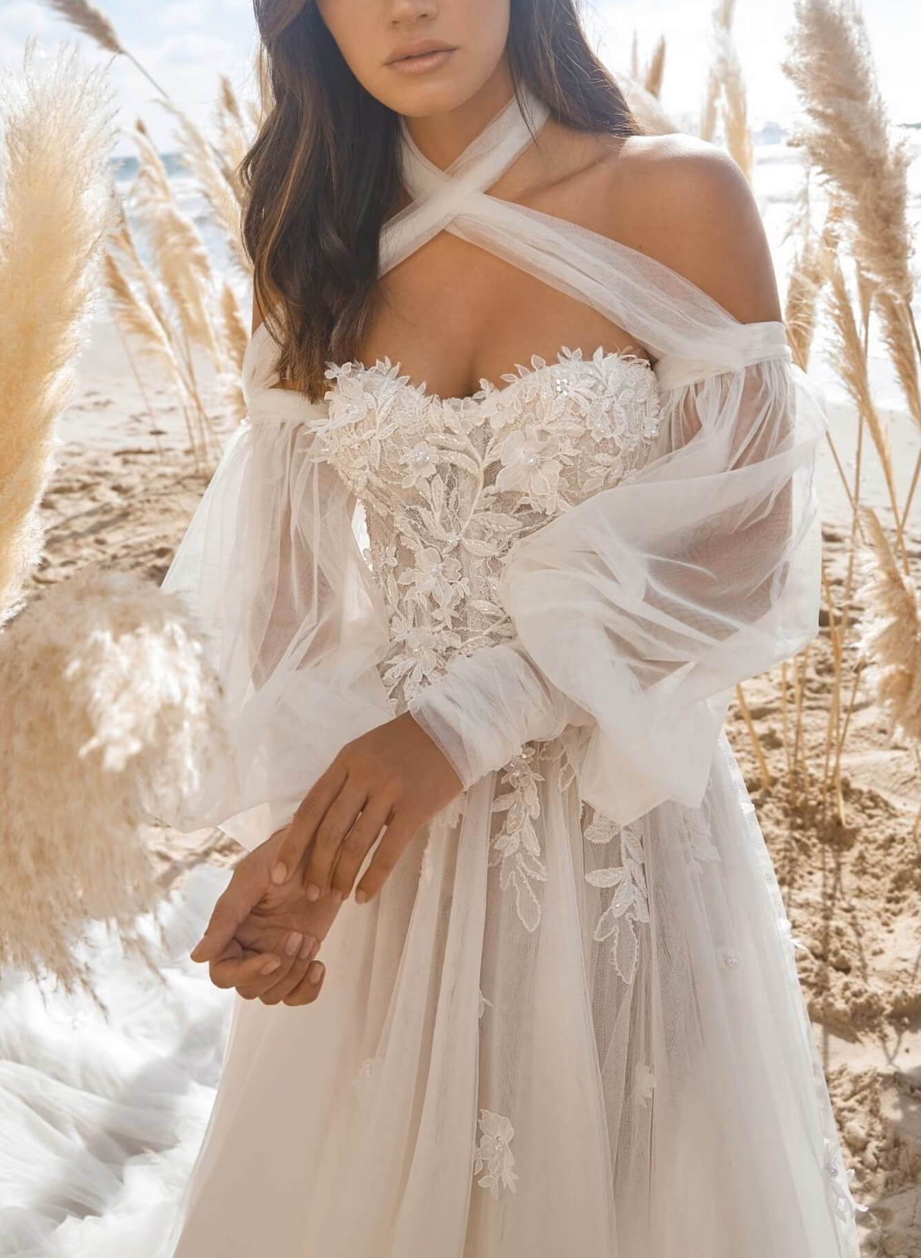Lace Elegant Sweetheart Wedding Dresses Long Sleeves-Showprettydress