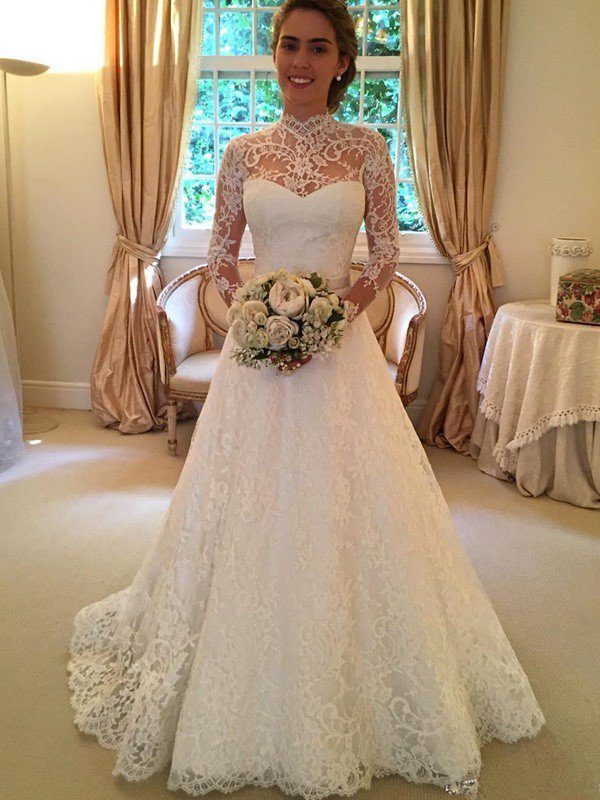 Lace High Neck Court Train Ball Gown Long Sleevess Wedding Dresses-showprettydress