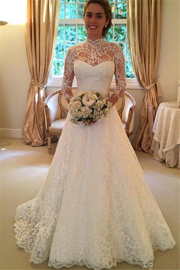 Lace High Neck Court Train Ball Gown Long Sleevess Wedding Dresses-showprettydress