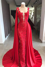 Lace Long Evening Dresses Sleeveless Red Prom Dresses with Cape-showprettydress
