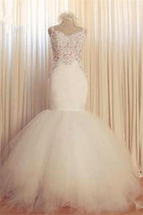 Lace Mermaid Tulle Bridal Gowns Open Back Sleeveless Modern Bridal Gowns Online-showprettydress