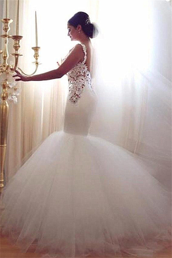 Lace Mermaid Tulle Bridal Gowns Open Back Sleeveless Modern Bridal Gowns Online-showprettydress