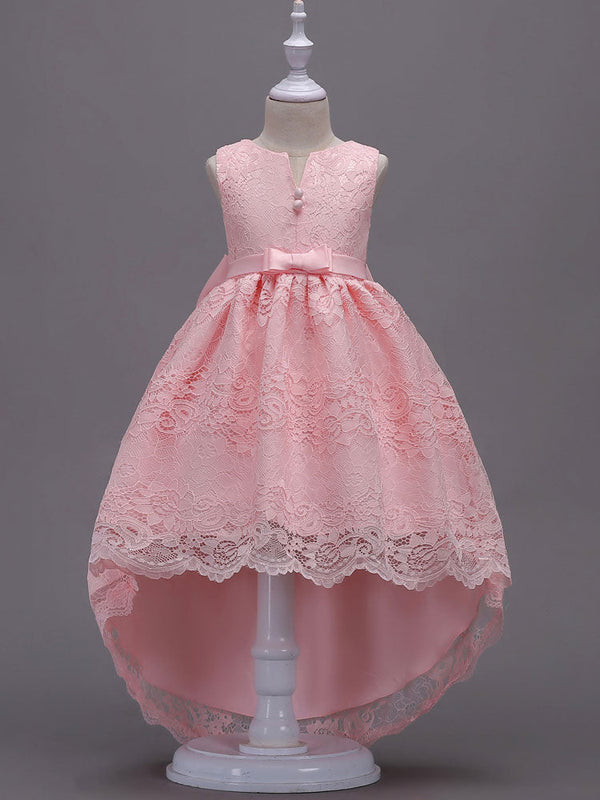 Lace Pink High Low Ball Gowns Sleeveless Bow Sash Princess Party Dresses-showprettydress