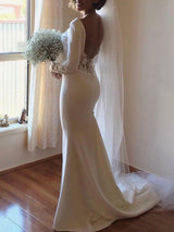 Lace Satin Long Sleevess Mermaid Scoop Court Train Wedding Dresses-showprettydress