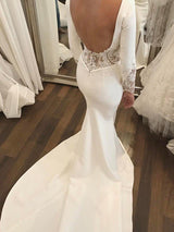 Lace Satin Long Sleevess Mermaid Scoop Court Train Wedding Dresses-showprettydress