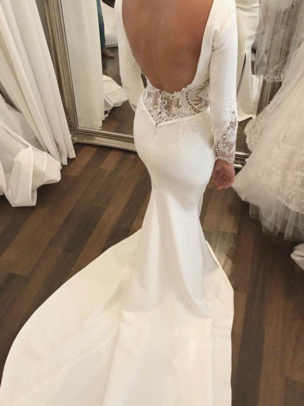 Lace Satin Long Sleevess Mermaid Scoop Court Train Wedding Dresses-showprettydress