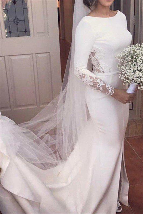 Lace Satin Long Sleevess Mermaid Scoop Court Train Wedding Dresses-showprettydress
