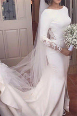 Lace Satin Long Sleevess Mermaid Scoop Court Train Wedding Dresses-showprettydress