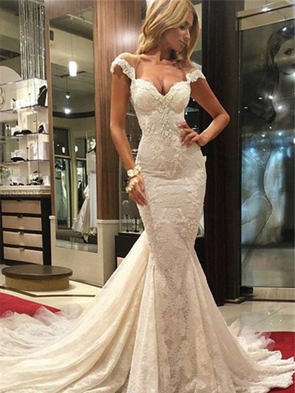 Lace Sleeveless Sweep Train Mermaid V neck Wedding Dresses-showprettydress