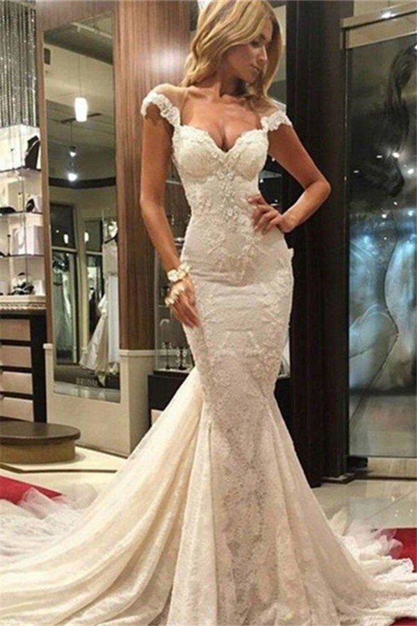Lace Sleeveless Sweep Train Mermaid V neck Wedding Dresses-showprettydress
