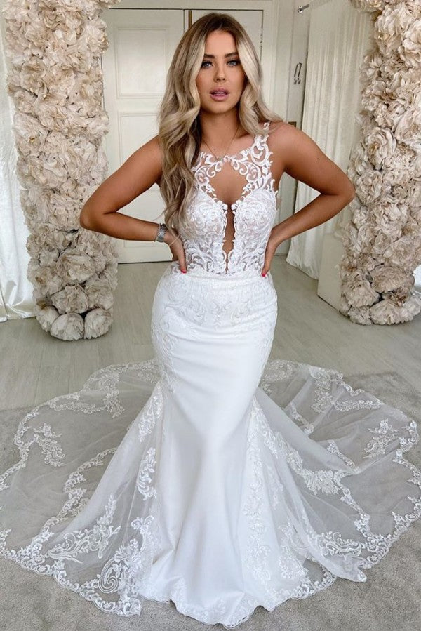 Lace Straps Mermaid Wedding Dresses Bandage Appliques Bridal Gowns-showprettydress
