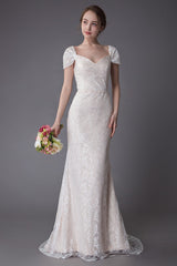 Lace Wedding Dress Vanilla Cream Sweetheart Short Sleeve Bridal Dress Mermaid Bridal Gown With Train Exclusive-showprettydress