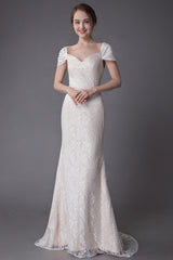 Lace Wedding Dress Vanilla Cream Sweetheart Short Sleeve Bridal Dress Mermaid Bridal Gown With Train Exclusive-showprettydress