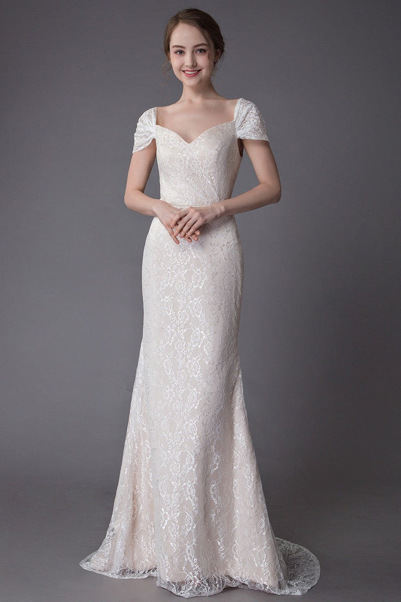 Lace Wedding Dress Vanilla Cream Sweetheart Short Sleeve Bridal Dress Mermaid Bridal Gown With Train Exclusive-showprettydress