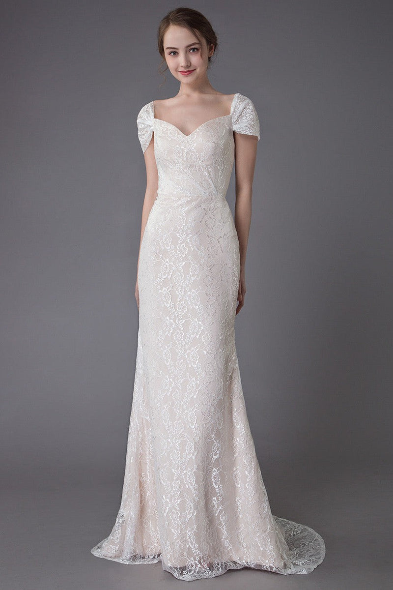 Lace Wedding Dress Vanilla Cream Sweetheart Short Sleeve Bridal Dress Mermaid Bridal Gown With Train Exclusive-showprettydress