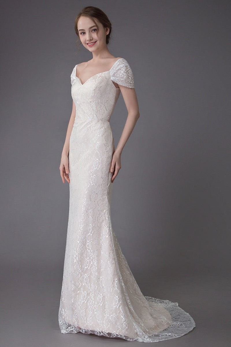 Lace Wedding Dress Vanilla Cream Sweetheart Short Sleeve Bridal Dress Mermaid Bridal Gown With Train Exclusive-showprettydress