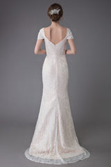 Lace Wedding Dress Vanilla Cream Sweetheart Short Sleeve Bridal Dress Mermaid Bridal Gown With Train Exclusive-showprettydress