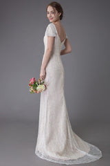 Lace Wedding Dress Vanilla Cream Sweetheart Short Sleeve Bridal Dress Mermaid Bridal Gown With Train Exclusive-showprettydress
