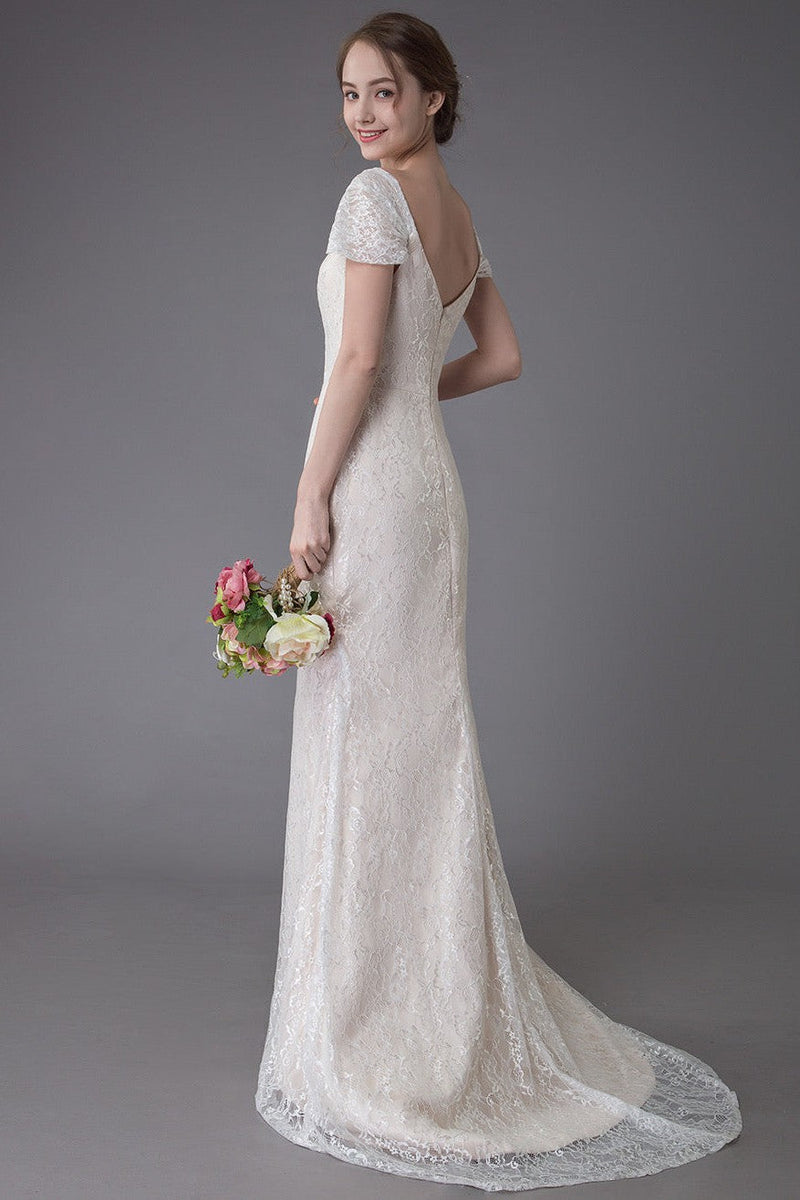 Lace Wedding Dress Vanilla Cream Sweetheart Short Sleeve Bridal Dress Mermaid Bridal Gown With Train Exclusive-showprettydress