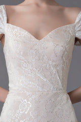 Lace Wedding Dress Vanilla Cream Sweetheart Short Sleeve Bridal Dress Mermaid Bridal Gown With Train Exclusive-showprettydress