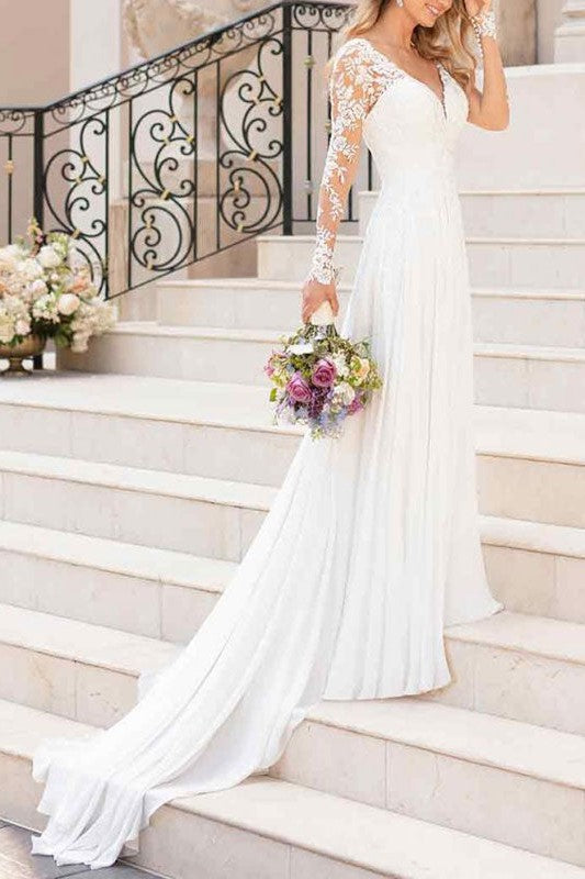 Lace Wedding Dresses Chiffon Chic V-Neck A-line Long Sleeve Lace Applique Beach Wedding Bridal Dress With Train Free Customization-Showprettydress