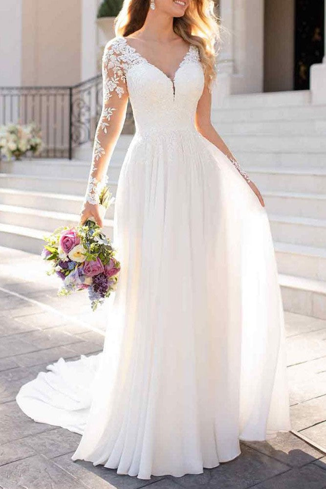 Lace Wedding Dresses Chiffon Chic V-Neck A-line Long Sleeve Lace Applique Beach Wedding Bridal Dress With Train Free Customization-Showprettydress