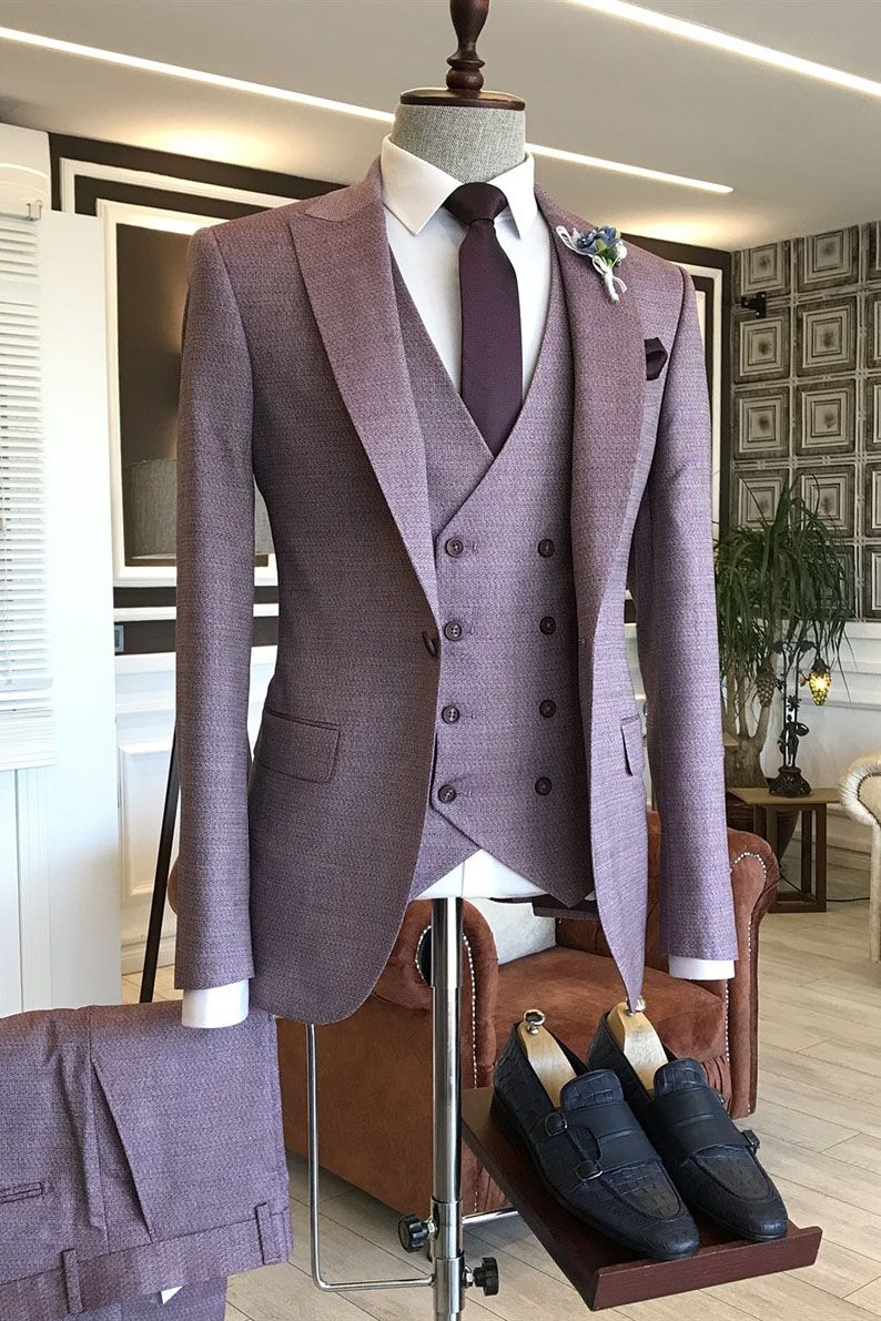Latest Purple Small Plaid Peaked Lapel One Button Bespoke Men Suits For Proms-showprettydress