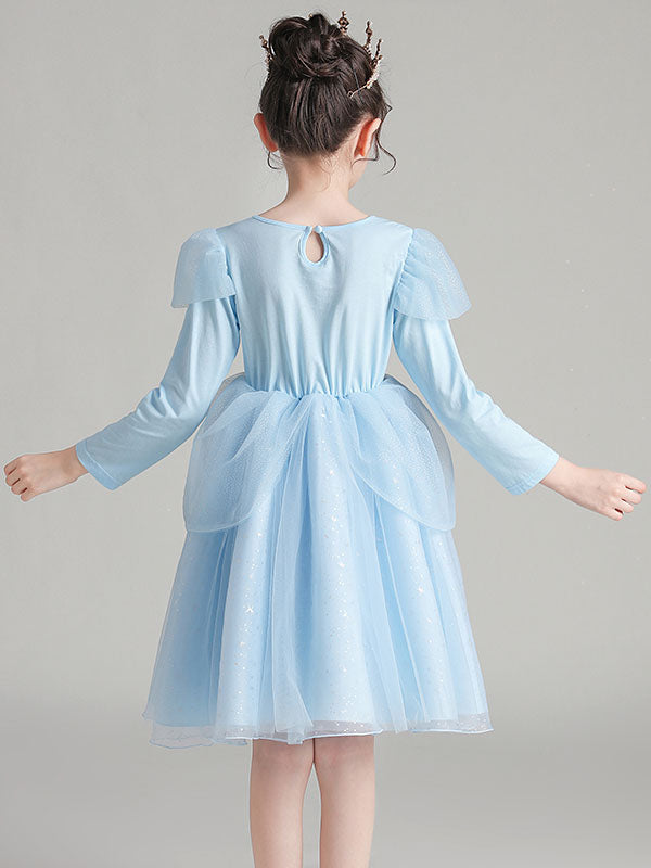 Light Blue Jewel Neck Polyester Cotton Long Sleeves Short A-Line Beaded Formal Kids Pageant flower girl dresses-showprettydress