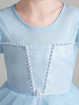 Light Blue Jewel Neck Polyester Cotton Long Sleeves Short A-Line Beaded Formal Kids Pageant flower girl dresses-showprettydress