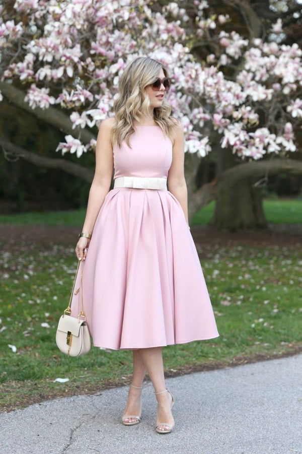 Light Pink Halter Sleeveless Summer Homecoming Dress with Belt-showprettydress