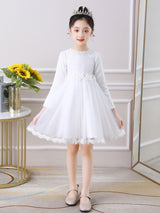 Light Pink Jewel Neck Long Sleeves Beaded Tulle Lace Kids Social Party Dresses-showprettydress
