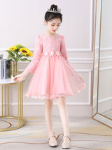 Light Pink Jewel Neck Long Sleeves Beaded Tulle Lace Kids Social Party Dresses-showprettydress