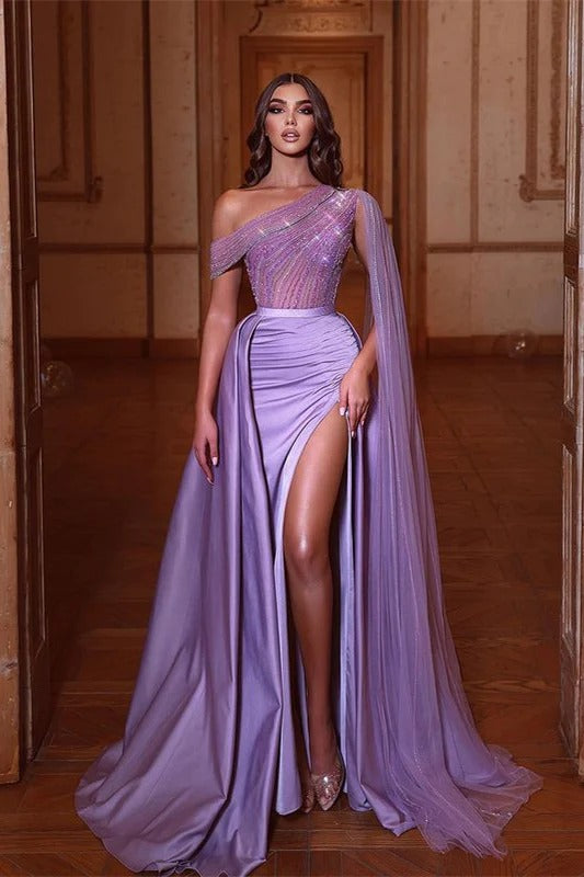 Lilac Long Mermaid One Shoulder Prom Dress with Slit Sequins Beads Formal Evening Gowns-showprettydress