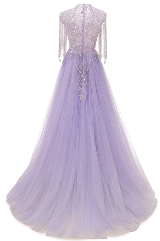 Lilac Long sleeves Overskirt A-line Evening Dresses-showprettydress