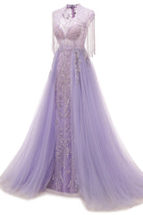 Lilac Long sleeves Overskirt A-line Evening Dresses-showprettydress