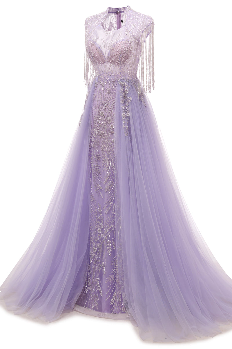 Lilac Long sleeves Overskirt A-line Evening Dresses-showprettydress