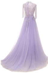 Lilac Long sleeves Overskirt A-line Evening Dresses-showprettydress