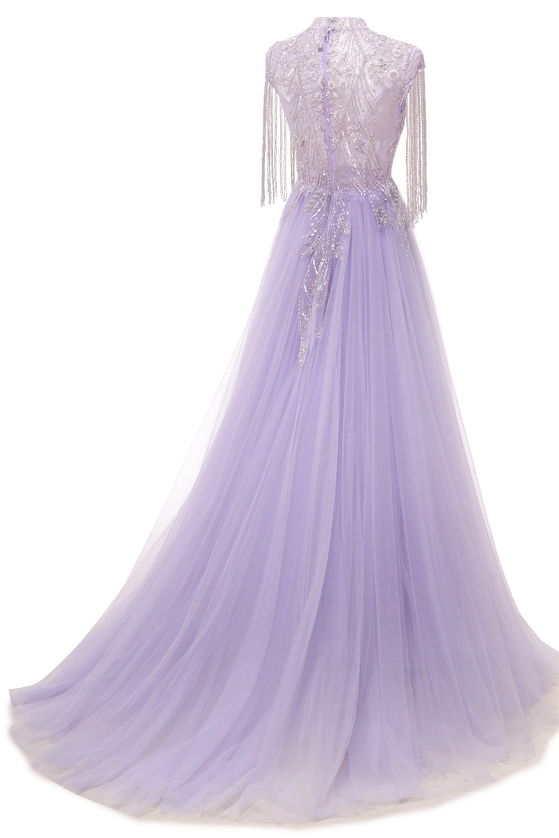 Lilac Long sleeves Overskirt A-line Evening Dresses-showprettydress