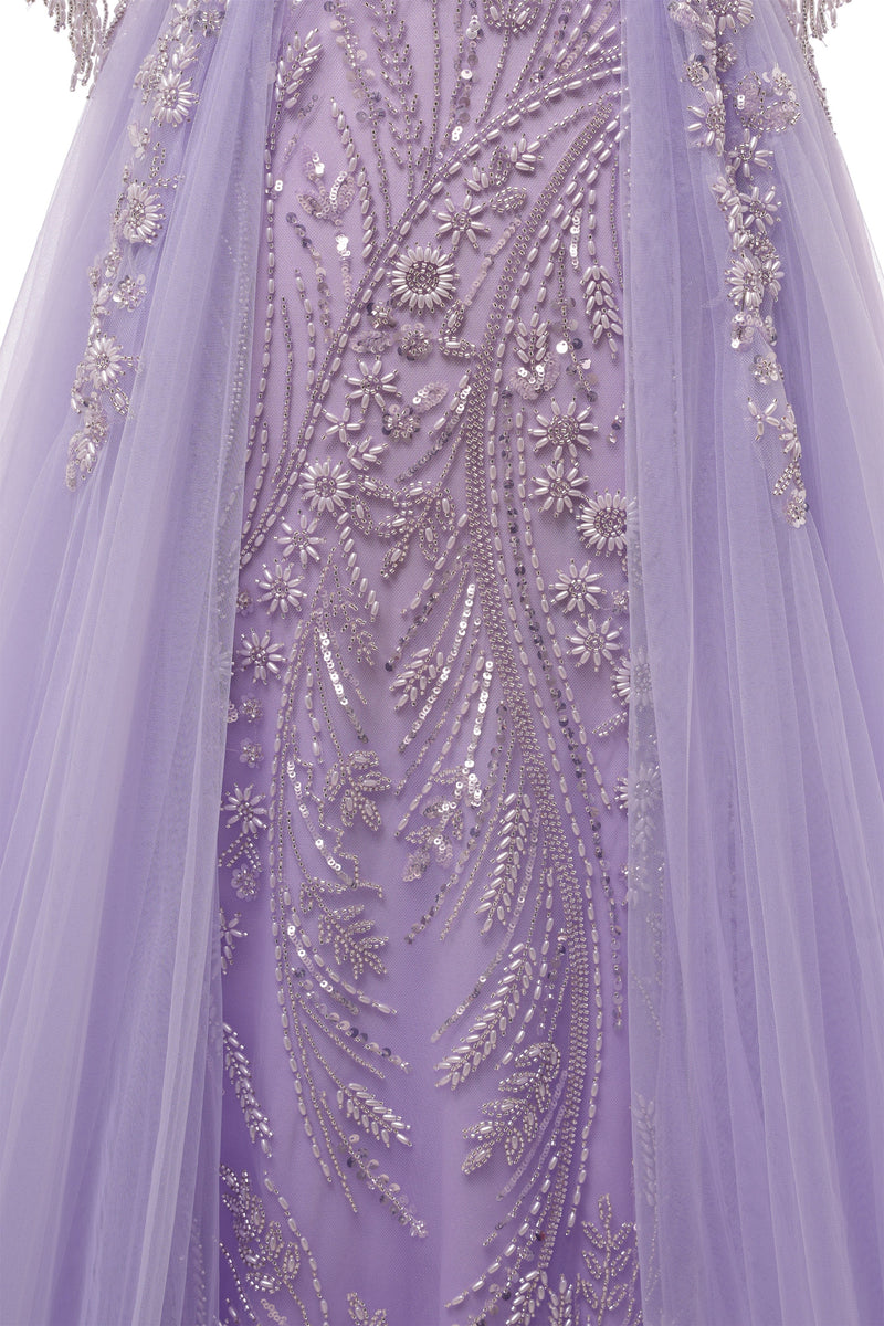 Lilac Long sleeves Overskirt A-line Evening Dresses-showprettydress