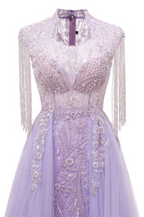 Lilac Long sleeves Overskirt A-line Evening Dresses-showprettydress